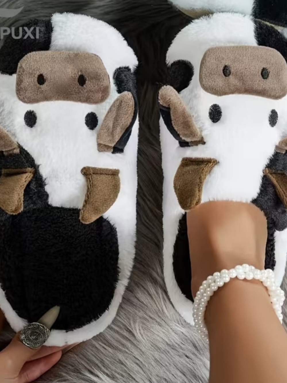 Plush Cow Kids Slippers - White & Black